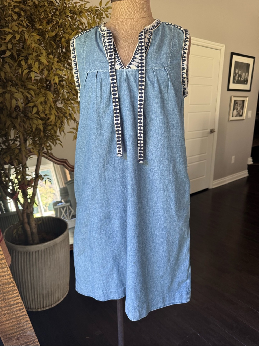 J Crew Sleeveless Light Denim Shift Dress with Navy Trim
